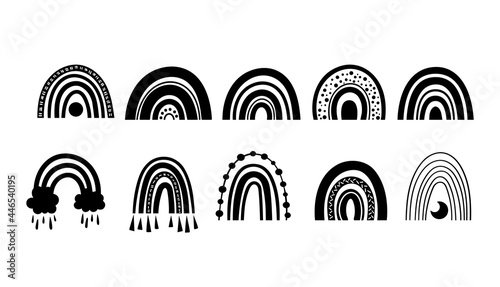 Mystical boho rainbow isolated cliparts bundle, black and white rainbow celestial collection, magic rainbow silhouette, esoteric objects - vector illustration