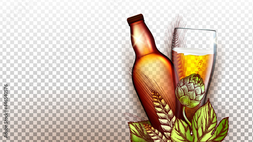 Beer Drink Product Glass And Blank Bottle Vector. Wheat And Malt Plant Natural Ingredient For Brewing Beer, Package And Glassware. Alcoholic Foamy Beverage Production Template 3d Illustration