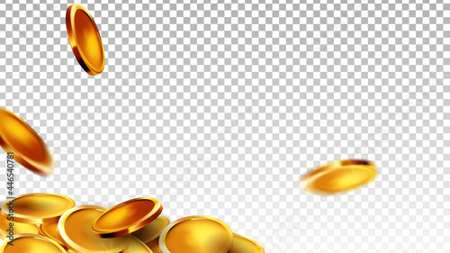 Coins Money Saving And Counting Wealth Vector. Golden Coins Treasure Currency Or Winning Jackpot Luck In Gamble Game. Financial Fortune, Exchange Business Template Realistic 3d Illustration