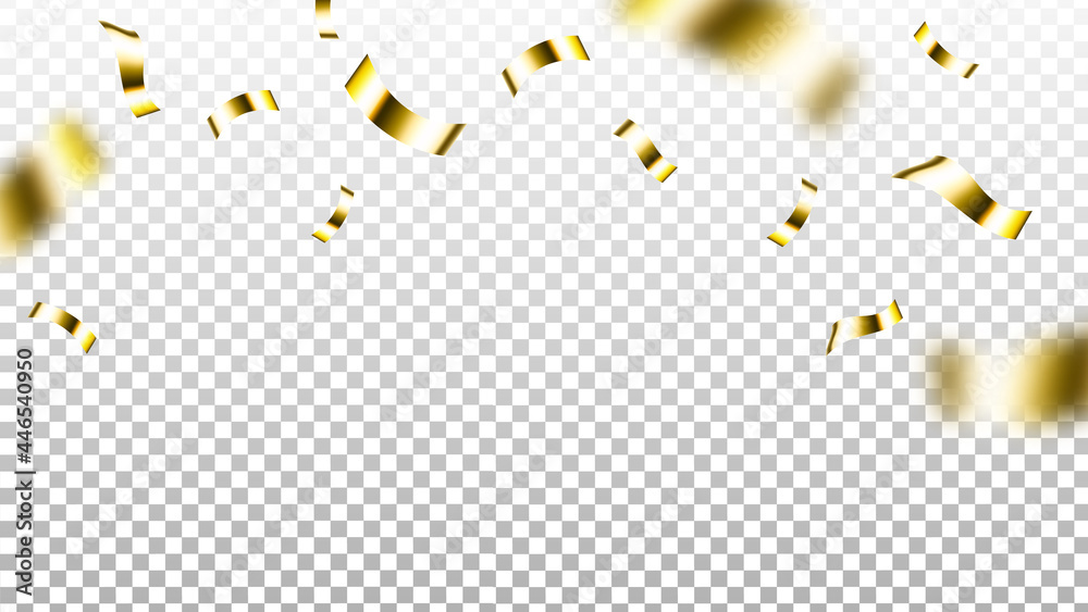 Fototapeta premium Foil Confetti Party Event Golden Decoration Vector. Falling Decorative Glitter Foil Confetti, New Year Celebration Flying Ribbons. Ornamental Festival Accessory Template Realistic 3d Illustration