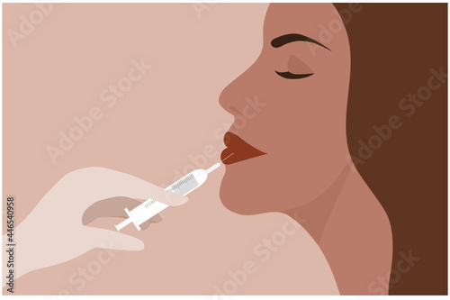 Doctor in medical gloves with serum syringe injects filler and botox to lip of woman vector illustration. Plastic, aesthetic cosmetology beauty treatment concept