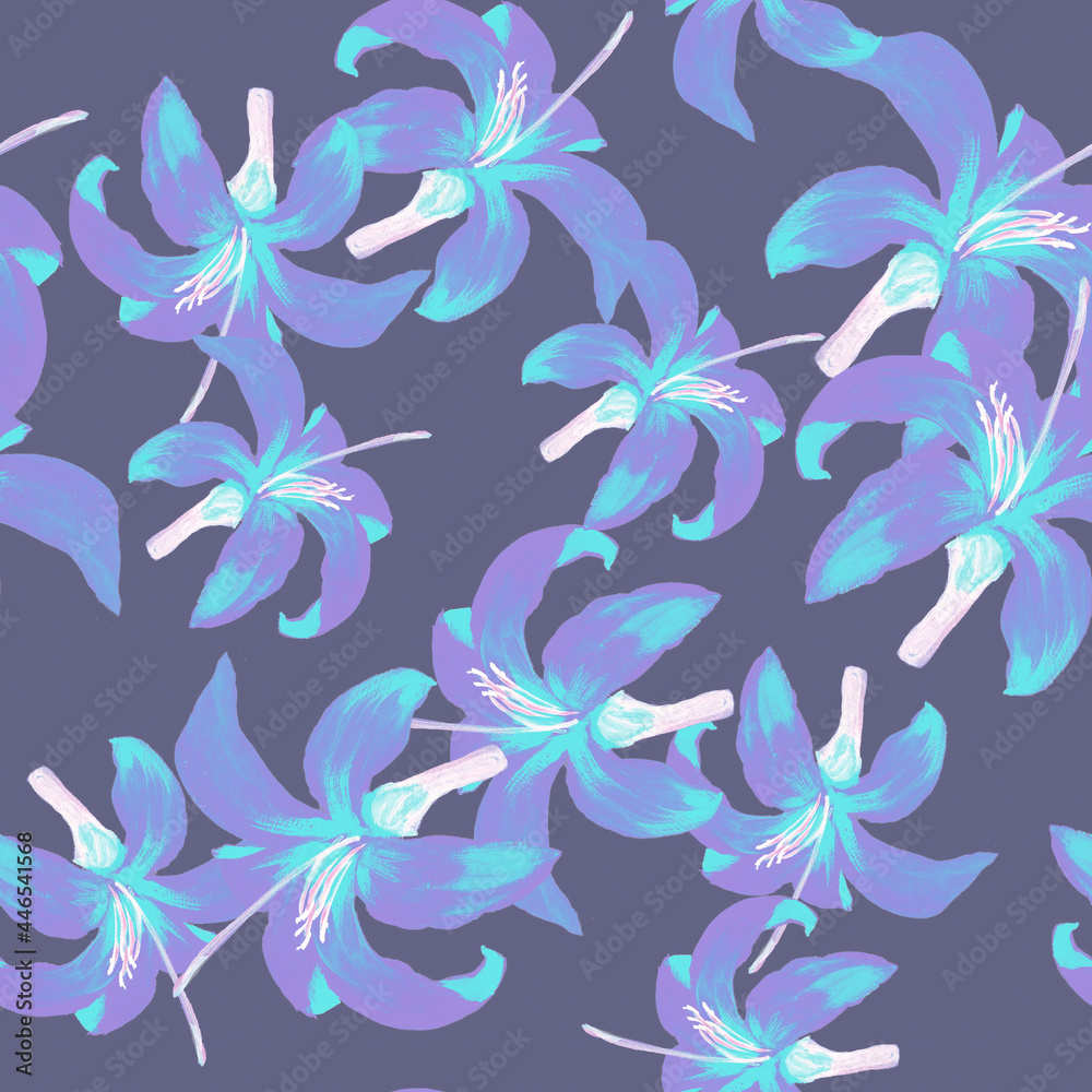 Fototapeta premium Indigo Seamless Art. Azure Pattern Painting. Cobalt Tropical Design. Navy Flower Leaf. Blue Floral Plant. Flora Illustration. Spring Illustration. Garden Illustration