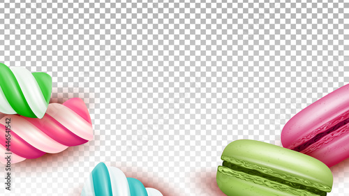 Macaroons Cakes And Lollipop Sweet Candies Vector. Baked Macaroons Cookies And Delicious Sugary Striped Lollypop Dessert, Sweetness Nourishment. Food Template Realistic 3d Illustration