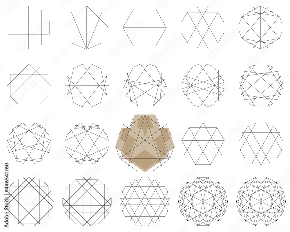 Set of origami geometric outline vector templates in spaceship, robot, insect/bug, tile pattern shape. Created using AI CS6.