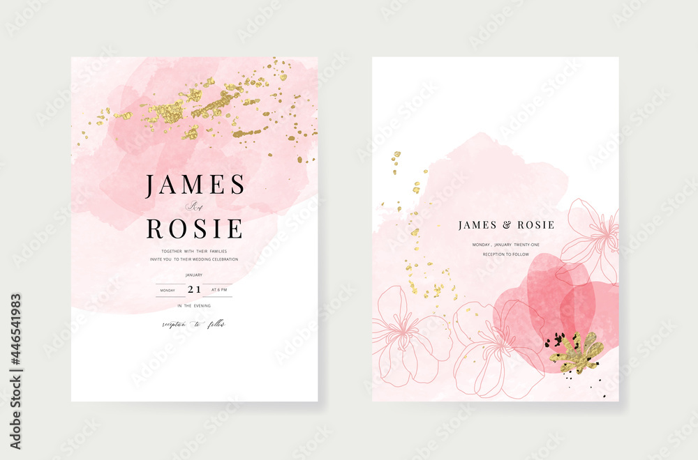 Minimal pink tropical Wedding Invitation, floral invite thank you, rsvp modern card Design in botanical flower water color texture decorative Vector elegant rustic template