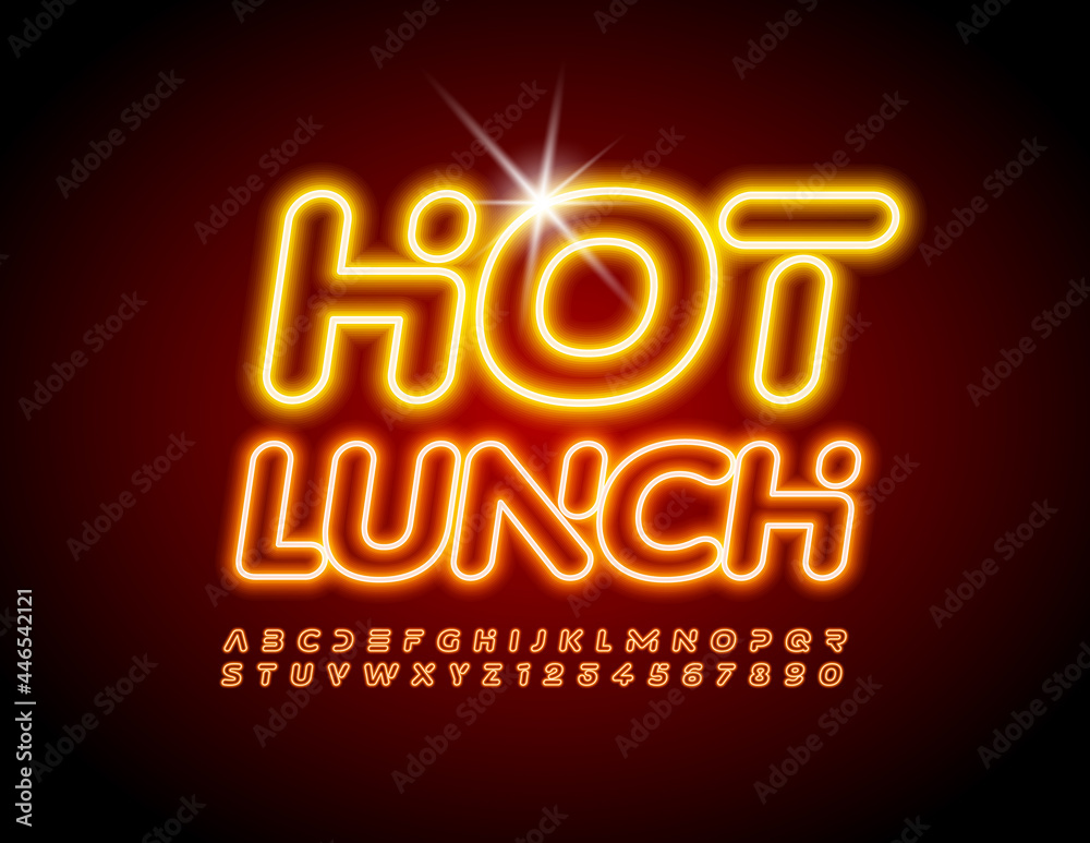 Vector colorful logo Hot Lunch for Cafe, Menu, Restaurant. Bright Neon Font. Electric Alphabet Letters and Numbers