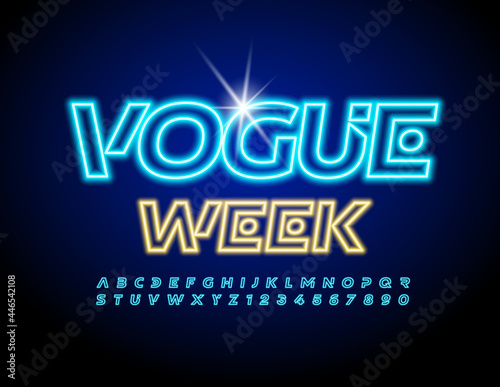 Vector bright poster Vogue Week with Blue Neon Alphabet Letters and Numbers set. Electric light Font