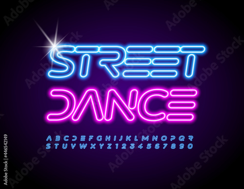 Vector glowing Poster Street Dance. Neon Blue Font. Artistic Alphabet Letters and Numbers 