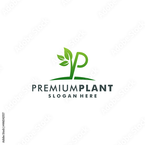 Letter P with leaf logo design vector illustration