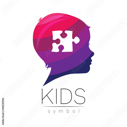 Child logotype with puzzle in few violet colors, vector. Silhouette profile human head. Concept logo for people, children, autism, kids, therapy, clinic, education. Template modern design on white