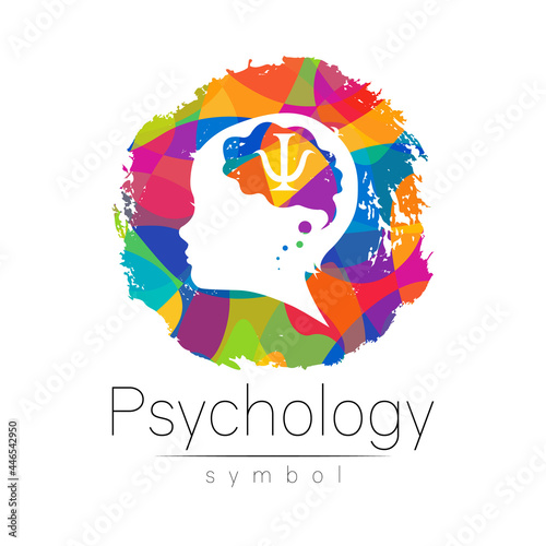 Modern logo head with letter Psi inside brain . Logotype sign of Psychology. Profile Human. Creative style. Symbol in vector. Design concept. Rainbow colorful brush isolated on white. Icon for web,