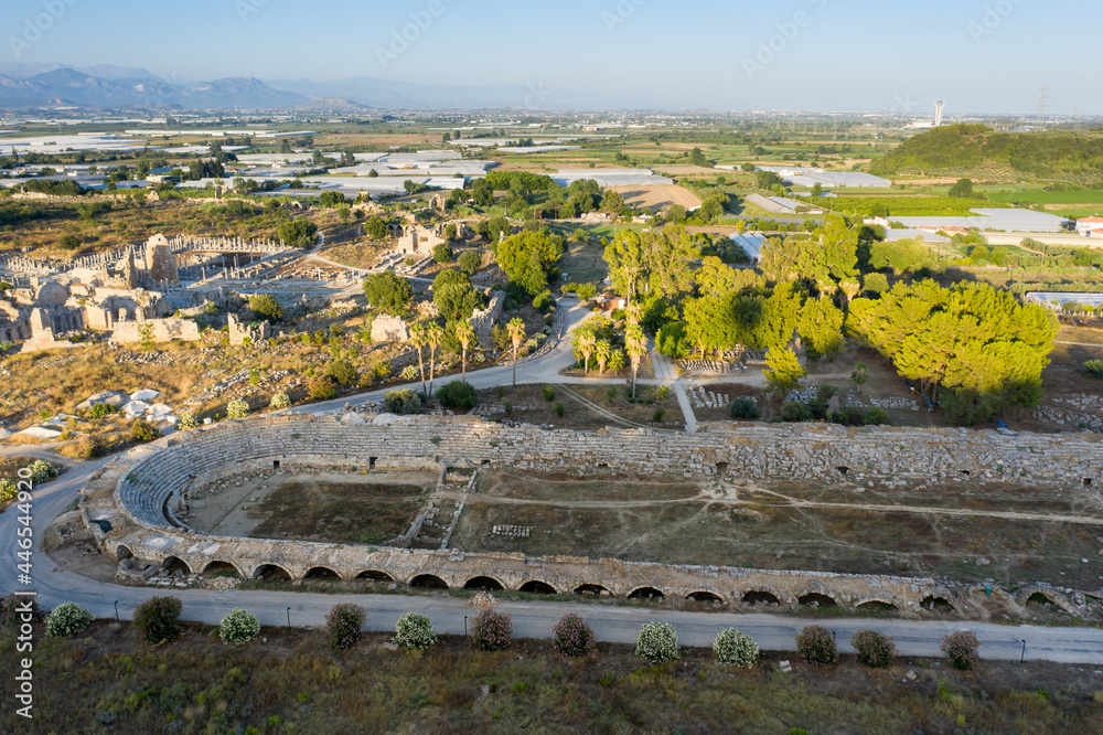 Ruins of the Ancient city of Perge. one of the Pamphylian cities and was believed to have been built in the 12th to 13th centuries BC. Air view, Antalya, Turkey.