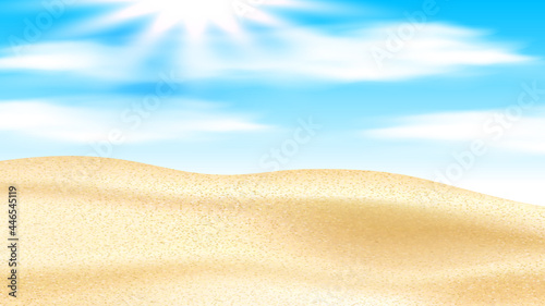 Sandy Desert With Dunes And Shining Sun Vector. Sand Desert And Sunshine In Cloudy Sky, Hot Summer Weather Extreme Nature. High Temperature Extremal Dry Landscape Realistic 3d Illustration