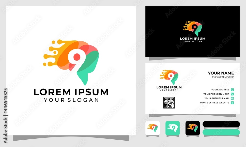 Obraz premium Nine number icon and brain abstract logo design vector template. 9 brain logo Premium Vector Logo and business card design