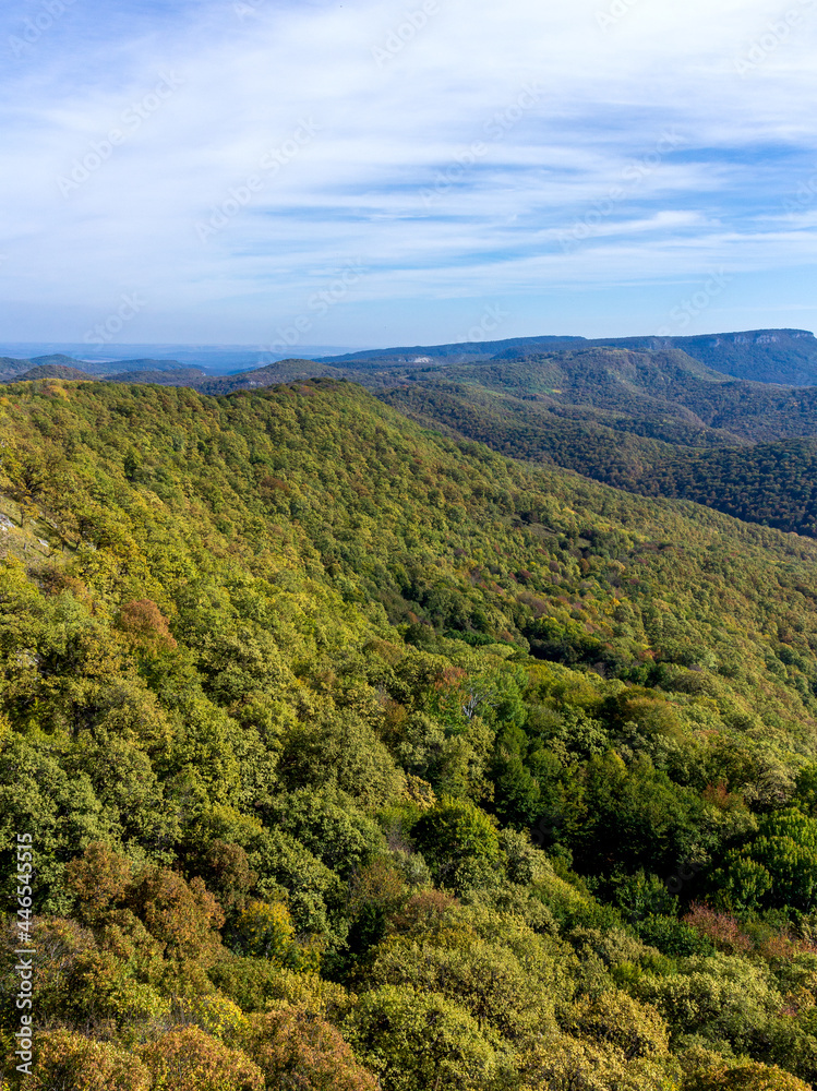 Panoramic views from mountain routes on an autumn sunny day, walking and communicating with nature.