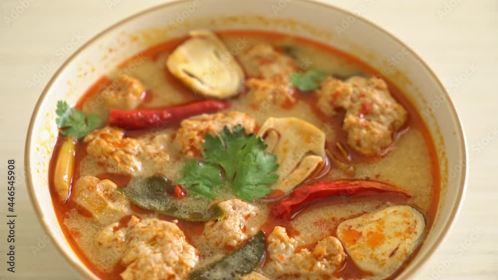 spicy boiled pork soup with mushroom - Tom Yum - Asian food style spicy boiled pork soup with mushroom - Tom Yum - Asian food style