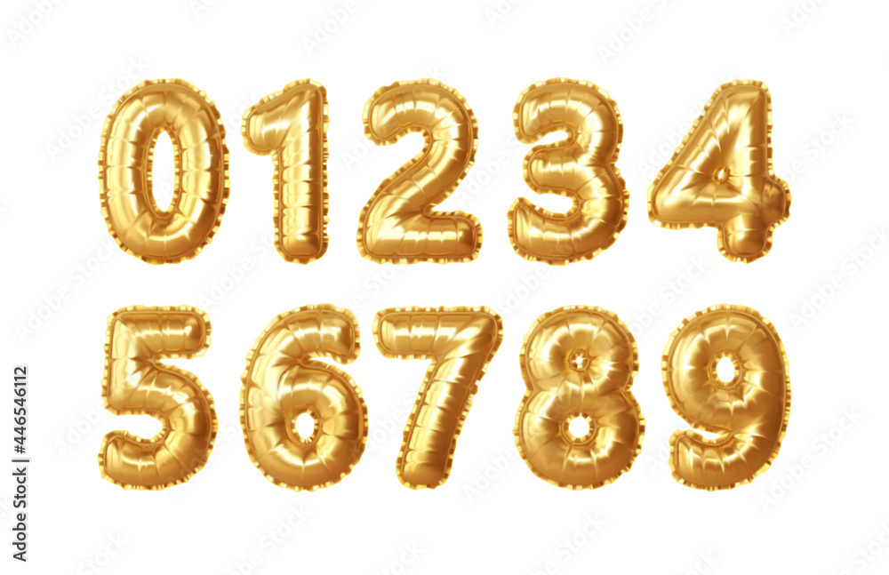 Set of 0,1,2,3,4,5,6,7,8,9 numbers of gold foil balloons. Golden realistic numbers balloons for numbering anniversary, birthday, new year. Vector illustration