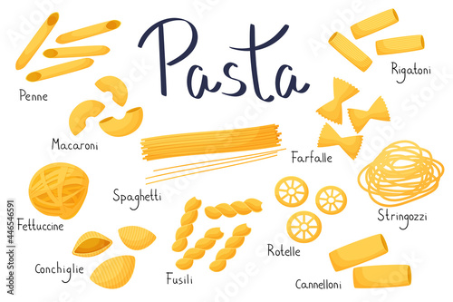Set of Italian pasta in cartoon style. Types of pastes with names. Vector illustration isolated on white background. Traditional cuisine.
