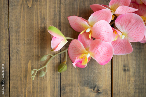 pink orchid with rose and hydrangeas on wooden background. fake pink flower. copy space. soft focus