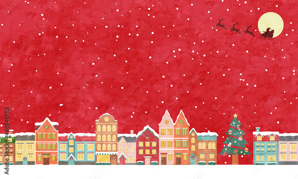 冬のクリスマスの街並みのベクターイラスト背景(風景,フレーム,xmas.X'mas,町並み,雪,カード,メッセージカード,コピースペース,テクスチャ,グランジ,質感,ポスター)