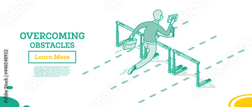 Overcome Business Obstacles. Businessman Jump over Hurdle. Isometric Outline Concept.
