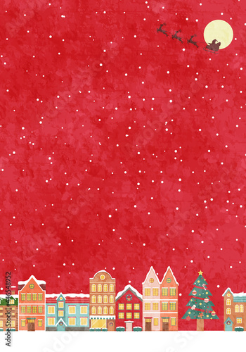 冬のクリスマスの街並みのベクターイラスト背景(風景,フレーム,xmas.X'mas,町並み,雪,カード,メッセージカード,コピースペース,テクスチャ,グランジ,質感,ポスター)