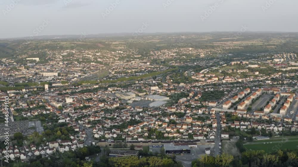 Drone Aerial shot of Montluçon in central France. Montlucon is the largest commune in the Allier department and belongs to the Auvergne-Rhône-Alpes region. A panorama of the french city at sunset. Drone Aerial shot of Montluçon in central France. Montlucon is the largest commune in the Allier department and belongs to the Auvergne-Rhône-Alpes region. A panorama of the french city at sunset.