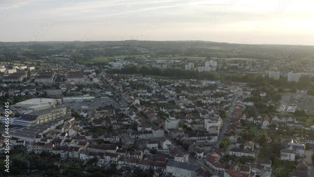 Drone Aerial shot of Montluçon in central France. Montlucon is the largest commune in the Allier department and belongs to the Auvergne-Rhône-Alpes region. A panorama of the french city at sunset. Drone Aerial shot of Montluçon in central France. Montlucon is the largest commune in the Allier department and belongs to the Auvergne-Rhône-Alpes region. A panorama of the french city at sunset.