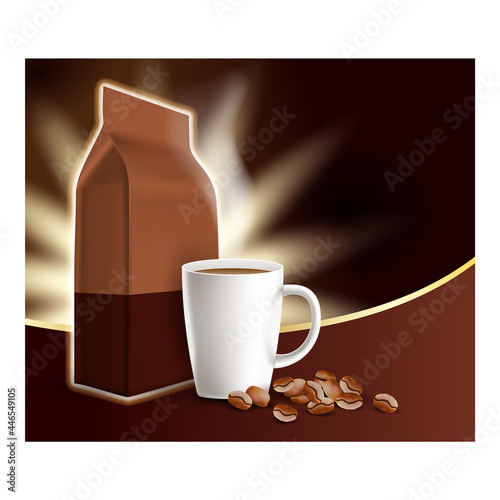 Coffee Arabica Drink Promotional Banner Vector. Coffee Caffeine Fresh Boiled Beverage, Beans And Blank Bag Packaging On Creative Advertising Poster. Style Concept Template Illustration