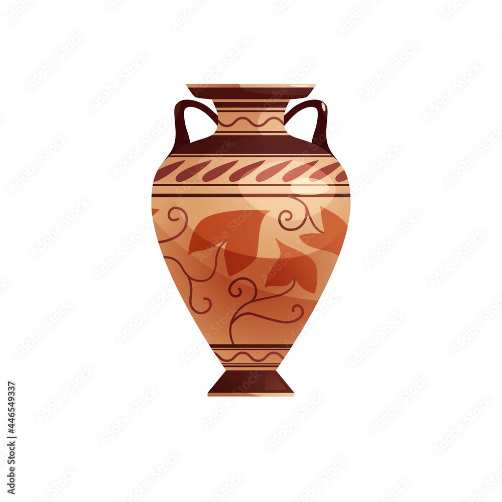 Antique Greek vase with decoration. Ancient traditional clay jar or pot for wine. Vector cartoon illustration.