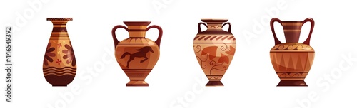 Antique Greek vase with decoration. Ancient traditional clay jar or pot for wine. Vector cartoon illustration.