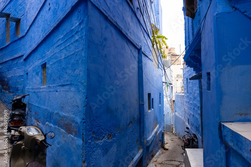 The bright blue color street and houses of the blue city of Jodhpur Rajasthan.