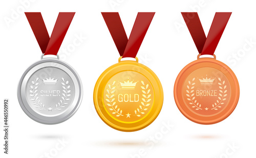 Three medals with inscriptions - gold, silver and bronze. Set of sports medals on a red ribbon. Award medals from different materials. Vector illustration