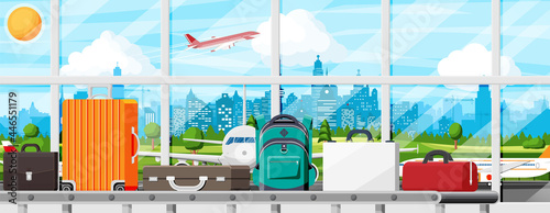 Luggage Carousel Against Airport Window With Taking Off Plane. Conveyor Belt With Passenger Luggage. Baggage Claim In Airport Interior. Logistic And Delivery. Cartoon Flat Vector Illustration
