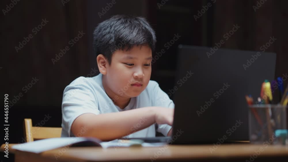 A handsome Asian boy is doing his homework by researching information from his laptop. During the Coronavirus (Covid-19) situation A handsome Asian boy is doing his homework by researching information from his laptop. During the Coronavirus (Covid-19) situation