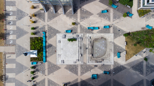 RIGA, Teika in June: top view over resting area with green zones and fountain