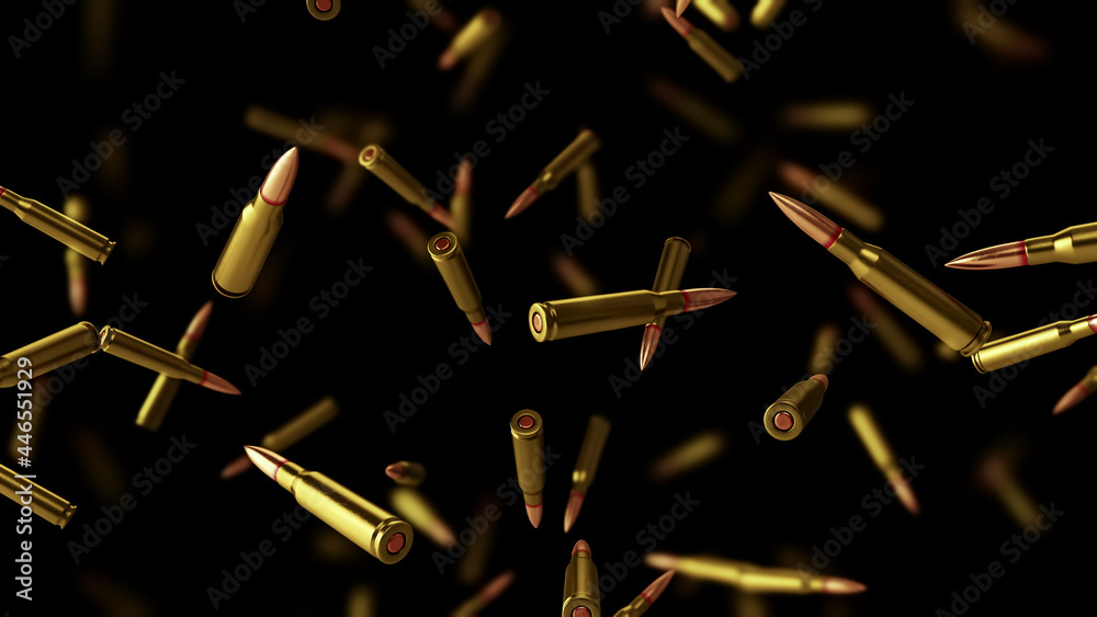 Falling bullets on a black background with depth of field. - obrazy, fototapety, plakaty 