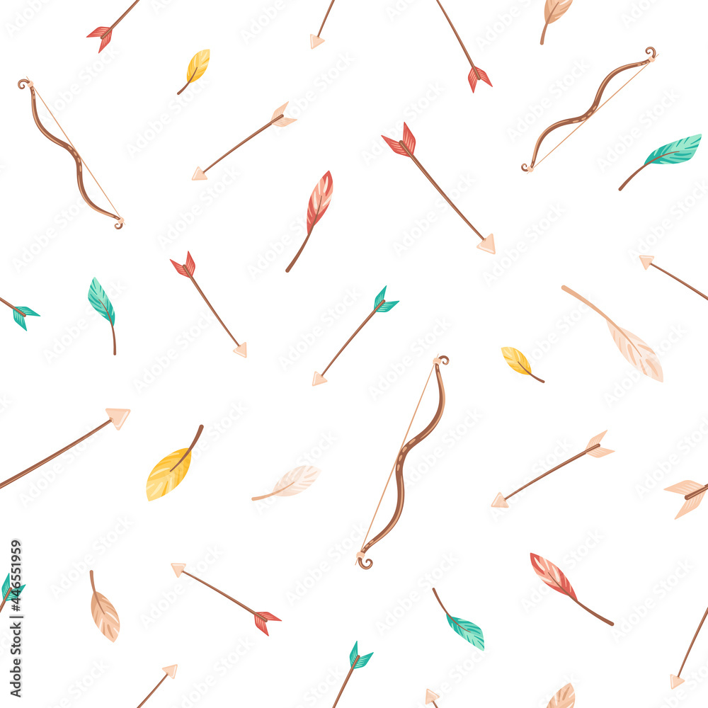 Seamless pattern with colorful feathers, bow and arrows. Elements for children indian textile design projects, themed parties. Seamless pattern with colorful feathers, bow and arrows. Elements for children indian textile design projects, themed parties.