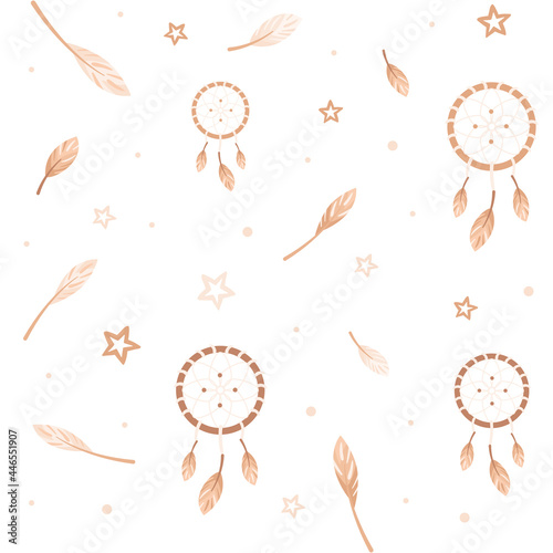 Dreamcatcher, feathers, stars on seamless pattern. Bohemian illustration in natural beige colors. Background with indian amulet, mascot. Baby's print for nursery, textile, packaging.