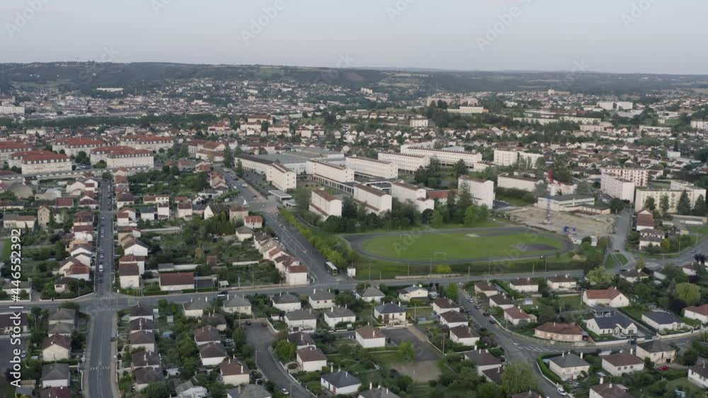 Drone Aerial shot of Montluçon in central France. Montlucon is the largest commune in the Allier department and belongs to the Auvergne-Rhône-Alpes region. A panorama of the french city at sunset. Drone Aerial shot of Montluçon in central France. Montlucon is the largest commune in the Allier department and belongs to the Auvergne-Rhône-Alpes region. A panorama of the french city at sunset.
