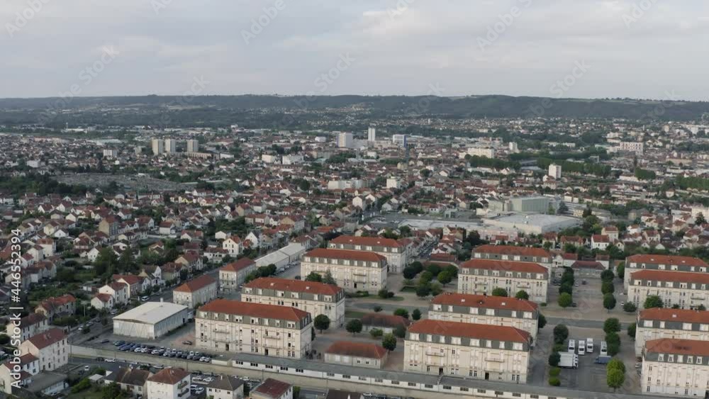 Drone Aerial shot of Montluçon in central France. Montlucon is the largest commune in the Allier department and belongs to the Auvergne-Rhône-Alpes region. A panorama of the french city at sunset. Drone Aerial shot of Montluçon in central France. Montlucon is the largest commune in the Allier department and belongs to the Auvergne-Rhône-Alpes region. A panorama of the french city at sunset.