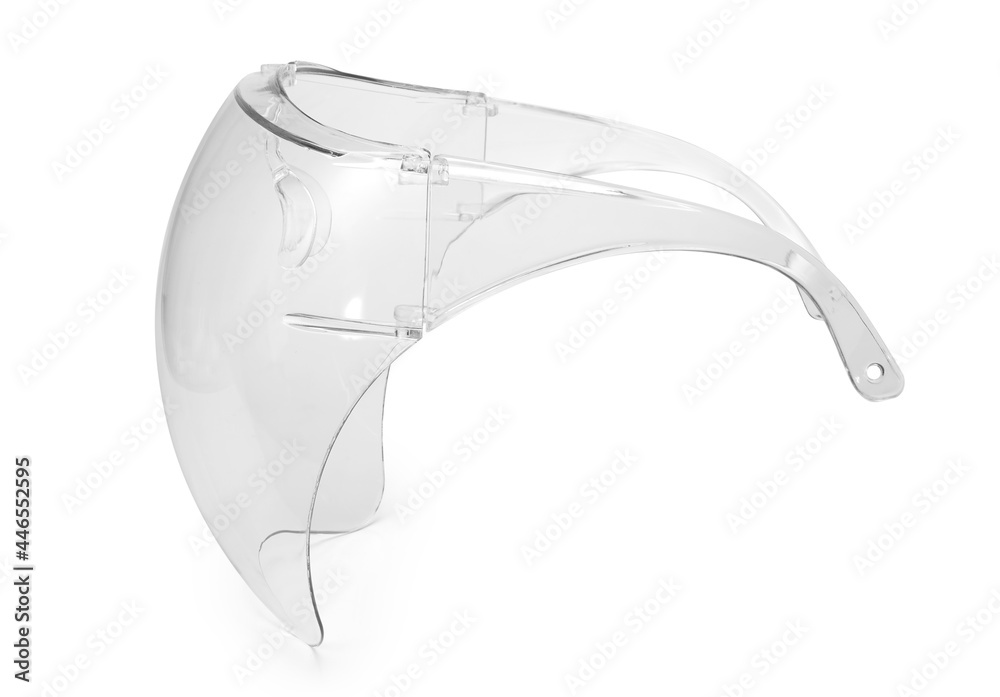 Side view of plastic face shield isolated on white with clipping path