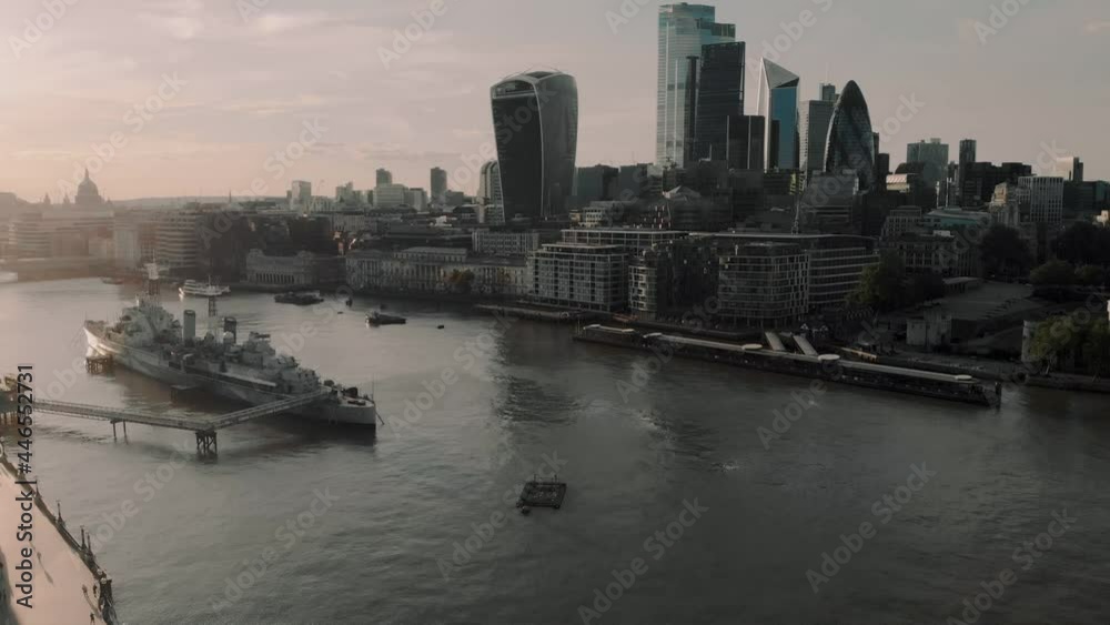 Establishing Aerial View shot of London Tower Bridge City Skyline Thames River Shard Great Britain Establishing Aerial View shot of London Tower Bridge City Skyline Thames River Shard Great Britain