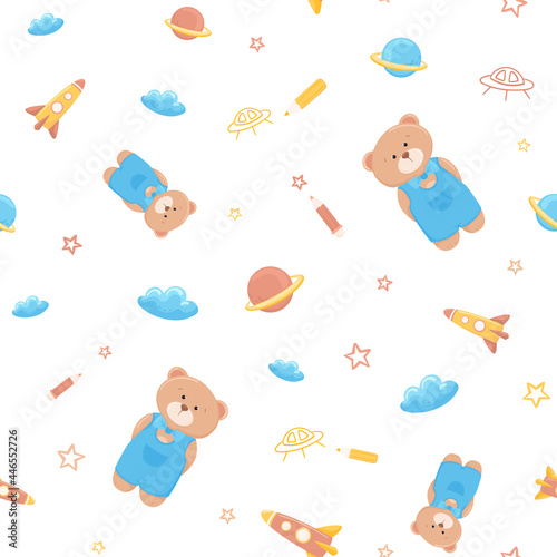 Cartoon bear boy with space toys. Seamless pattern with rocket, planet, pencils drawing ufo, stars, clouds, cute teddy. School character interested in the cosmic world