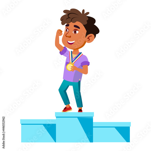 Boy Celebrate Victory In Sport Championship Vector. Hispanic With Golden Medal Standing On Tribune And Celebrating Victory In Competition. Character Olympiad Player Flat Cartoon Illustration