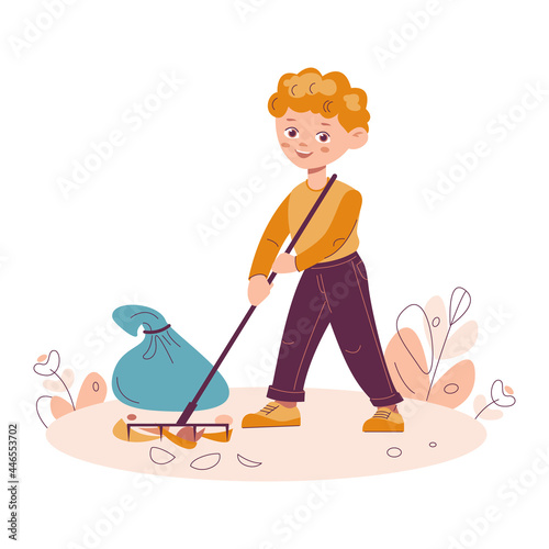 A little boy rakes the foliage debris. Garbage recycling nature cleaning concept. Vector illustration in flat cartoon. Isolated on a white background.