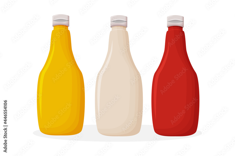 Mustard, ketchup, mayonnaise sauces in squeeze bottles for fast food, illustration cartoon icons isolated background. Mustard, ketchup, mayonnaise sauces in squeeze bottles for fast food, illustration cartoon icons isolated background.