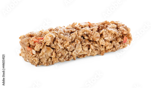 Healthy cereal bar on white background