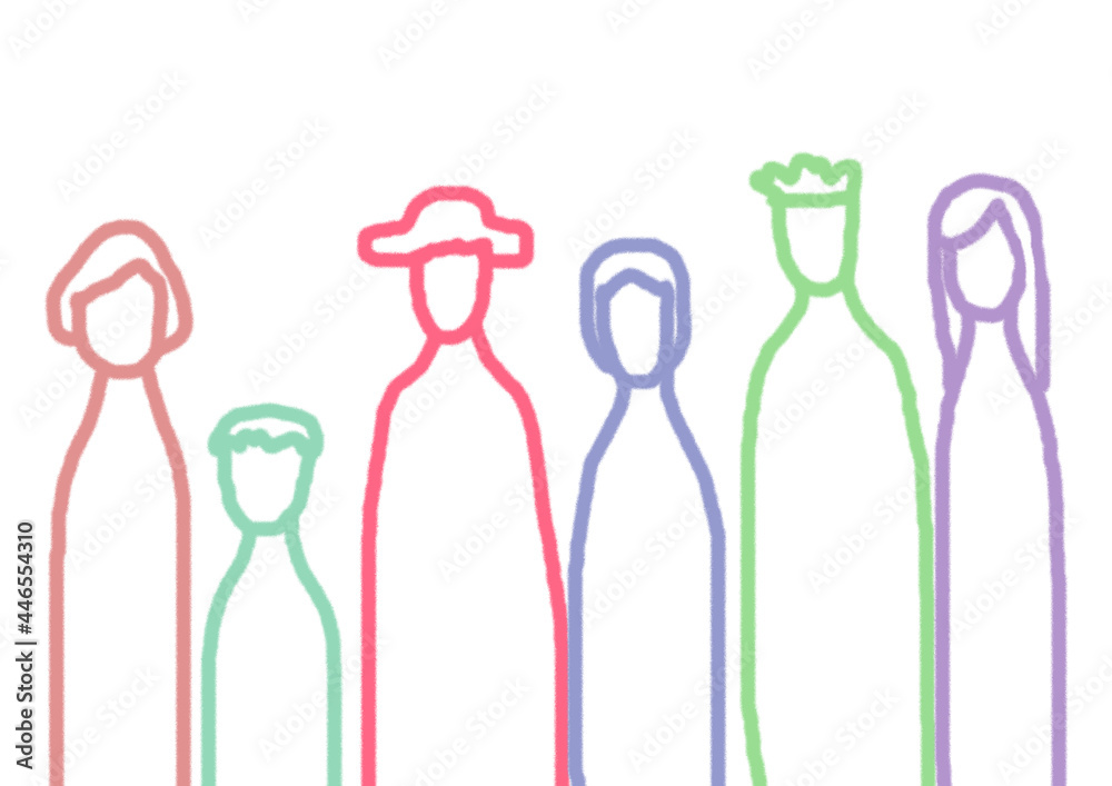 カラフルな6人の人物イラスト_クレヨン線画 カラフルな6人の人物イラスト_クレヨン線画
