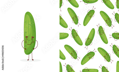 Cute and funny cucumber cartoon characters smiling, having fun, dancing. Vector seamless pattern background.